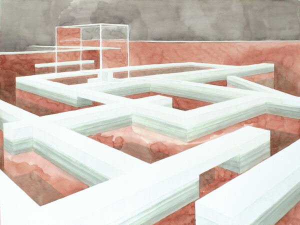 aquarelle architecture labyrinthe sur l'eau