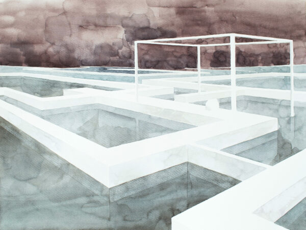 aquarelle architecture labyrinthe sur l'eau